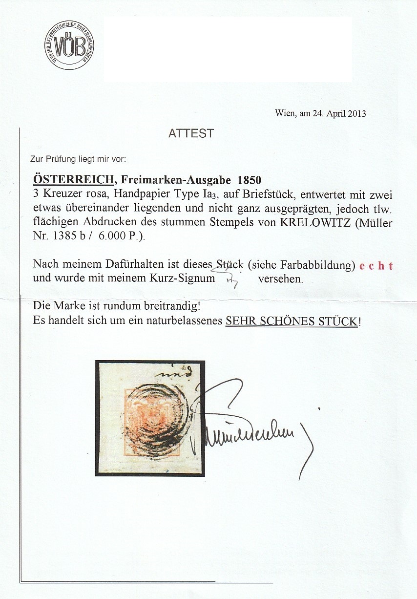 1850 3Kr, seltener stummer Stempel KRELOWITZ, Attest Dr. Ferchenbauer, Czimelitz Attest Pelikán - kopie - kopie