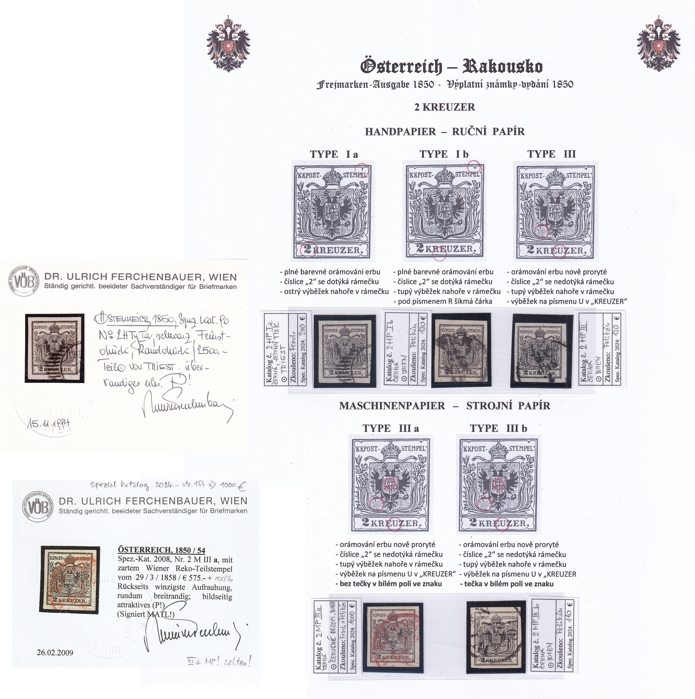1850 2kr kompetní HP+MP typy, všechny zkoušené, 2x atest Ferch, červené raz. MP IIIa vzácné! Katalog 1.570 € - kopie