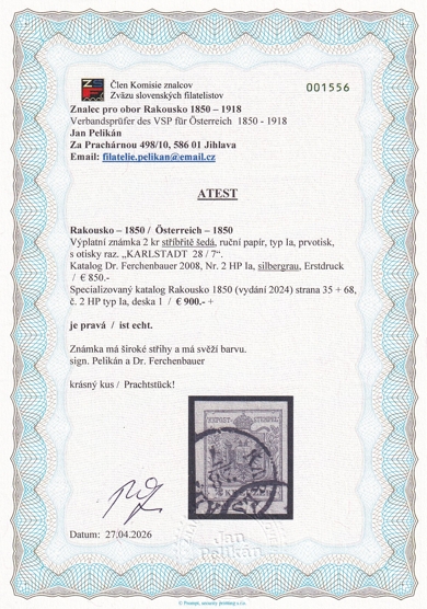 1850 2kr silbergrau HP Ia, Erstdruck, raz. KARLSTADT, katalog 900 €, atest Pelikán,, ,Ferch, 200dpi
